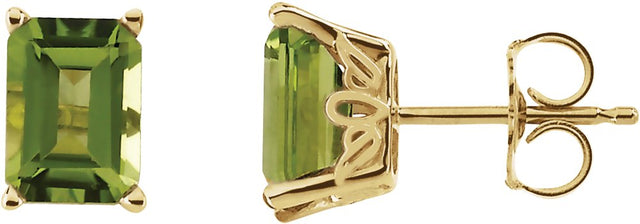 14K Gold Natural Peridot Emerald 4-Prong Scroll Setting Stud Earring