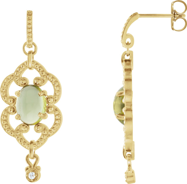 14K Gold Oval Natural Peridot & Natural Diamond Granulated Earrings - Yellow Gold