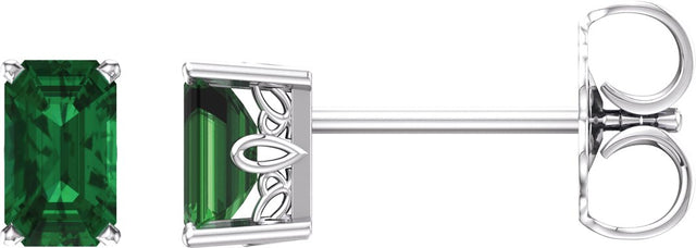 14K Gold Lab-Grown Emerald Emerald 4-Prong Scroll Setting Stud Earrings - White Gold