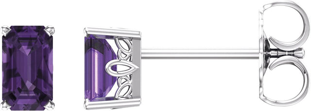 14K Gold Natural Amethyst Emerald 4-Prong Scroll Setting Stud Earrings - White Gold