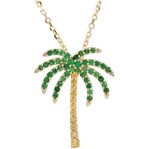 14K Gold Natural Tsavorite Garnet & Natural Yellow Sapphire Palm Tree Necklace