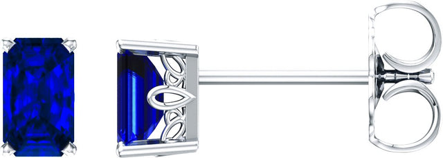14K Gold Lab-Grown Blue Sapphire Emerald 4-Prong Scroll Setting Stud Earrings - White Gold