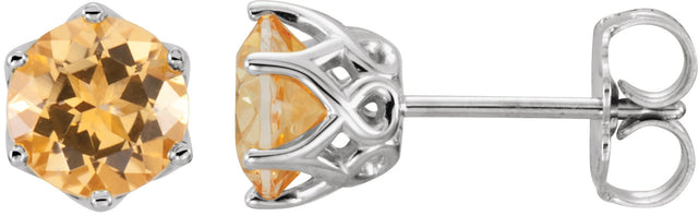 14K Gold Natural Citrine Round 6-Prong Crown Stud Earrings - White Gold