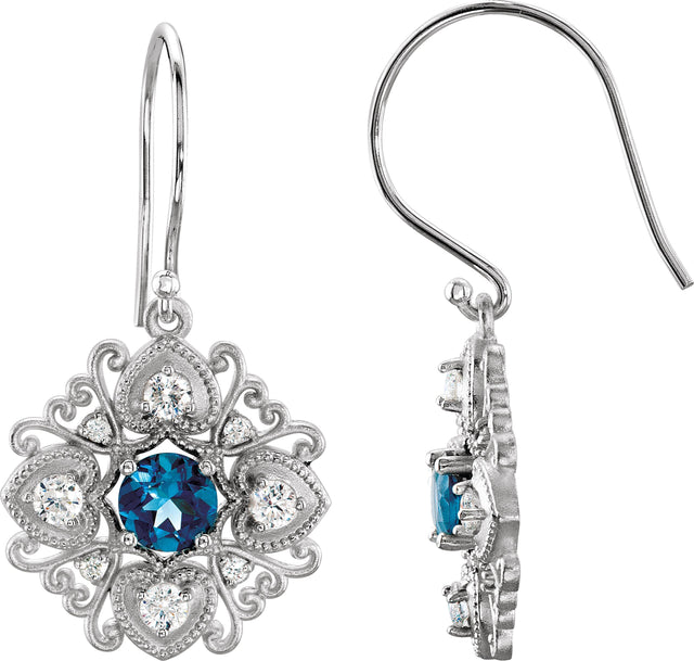 14K Gold Round Natural London Blue Topaz & Natural Diamond Vintage-Inspired Filigree Earrings II - White Gold