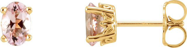 14K Gold Natural Pink Morganite Oval 4-Prong Scroll Setting Stud Earrings - Yellow Gold