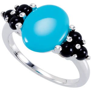 14K Gold Oval Natural Turquoise & Natural Black Onyx Accented Cabochon Ring