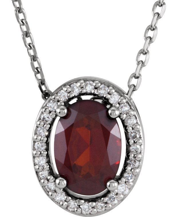 14K Gold Oval Natural Mozambique Garnet & Natural Diamond Halo-Style Necklace or Slide Pendant – 0.06 CTW - White Gold