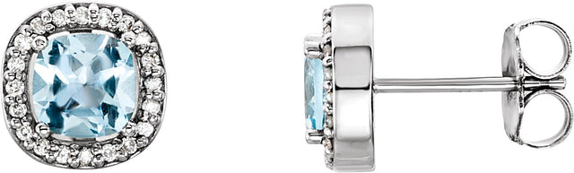 14K Gold Natural Sky Blue Topaz & Natural Diamond Cushion 4-Prong Halo-Style Earrings - White Gold