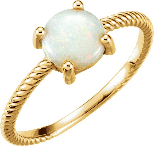 14K Gold Round Natural White Opal Cabochon Ring – 7mm Stones - Yellow Gold