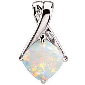 14K Gold Cushion Natural White Opal & Natural Diamond Accented Pendant