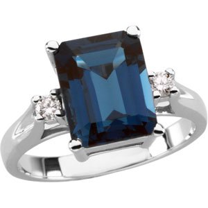 14K Gold Emerald Natural London Blue Topaz & Natural Diamond Accented Ring