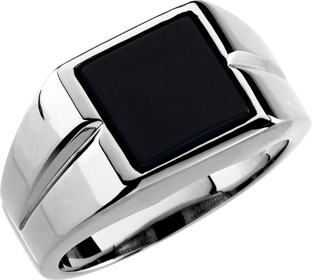 10K Gold Square Natural Black Onyx Bezel-Set Cabochon Ring - White Gold