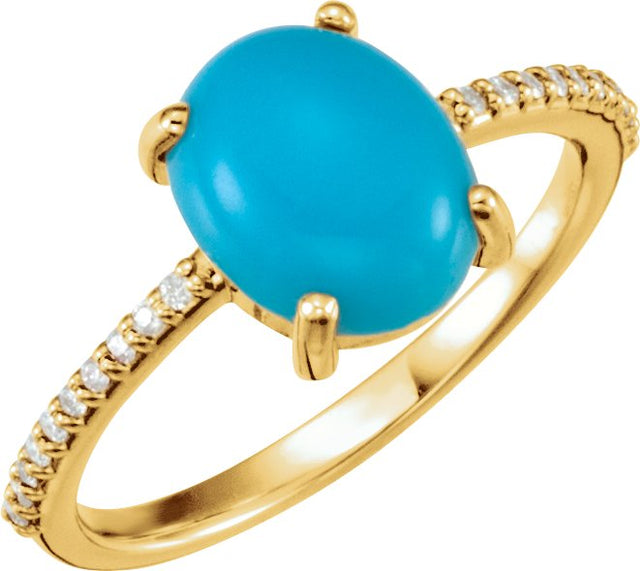 14K Gold Oval Natural Turquoise & Natural Diamond Accented Cabochon Ring - Yellow Gold