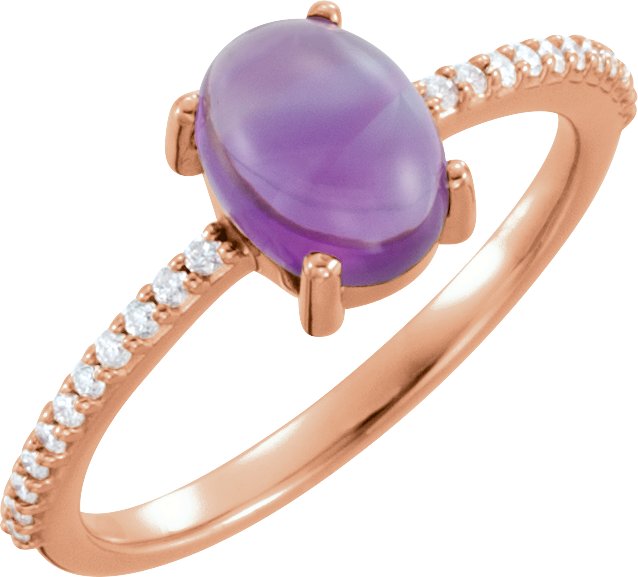 14K Gold Oval Natural Amethyst & Natural Diamond Accented Cabochon Ring - Rose Gold
