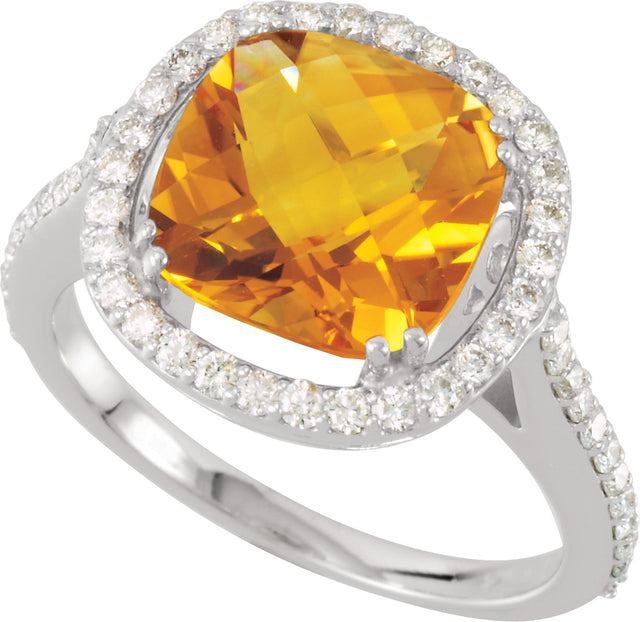 14K Gold Cushion Natural Citrine & Natural Diamond Halo-Style Ring