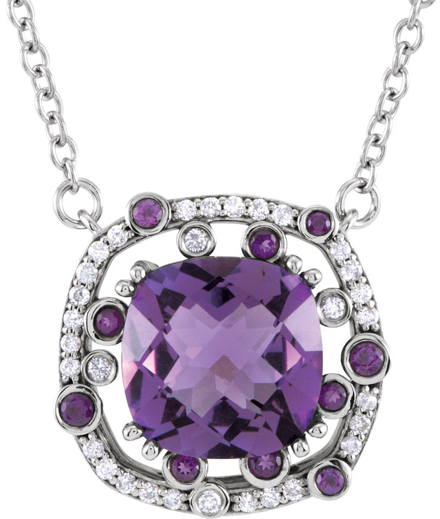 14K Gold Cushion Natural Amethyst & Natural Diamond Halo-Style Necklace – 1/6 CTW - White Gold
