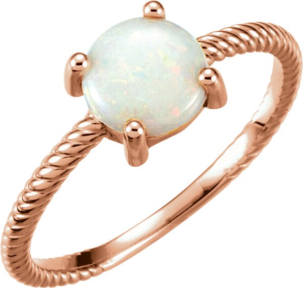 14K Gold Round Natural White Opal Cabochon Ring – 7mm Stones - Rose Gold