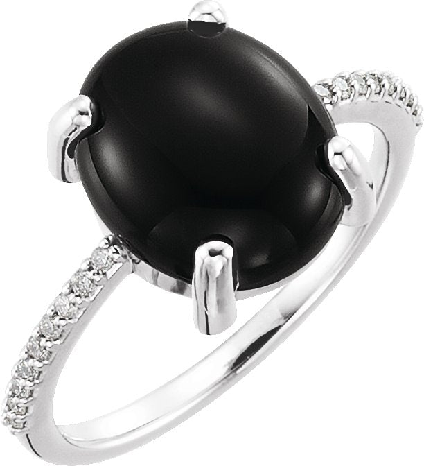 14K Gold Oval Natural Black Onyx & Natural Diamond Accented Cabochon Ring - White Gold