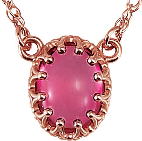 14K Gold Oval Natural Pink Tourmaline Cabochon Crown Necklace