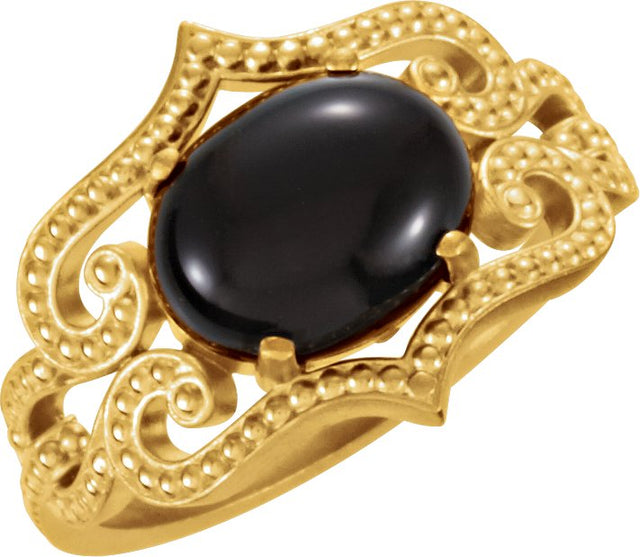 14K Gold Oval Natural Black Onyx Cabochon Ring – 10x8mm