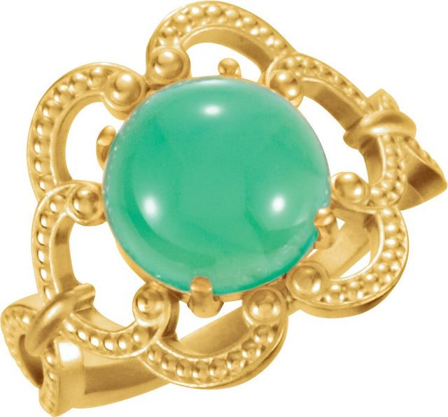 14K Gold Round Natural Green Chrysoprase Cabochon Ring