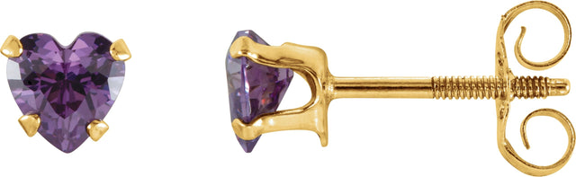 14K Gold Natural Amethyst Heart Snap-In Youth Stud Earrings
