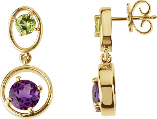 14K Gold Round Natural Amethyst & Natural Peridot Graduated Geometric Earrings