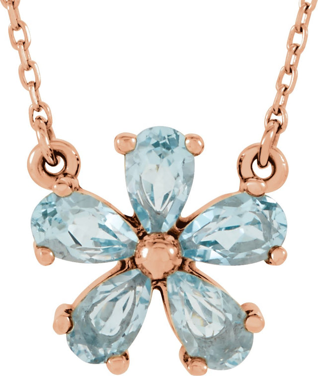 14K Gold Pear Natural Sky Blue Topaz Flower Necklace - Rose Gold