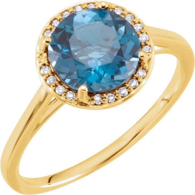 14K Gold Round Natural London Blue Topaz & Natural Diamond Halo-Style Ring - Yellow Gold