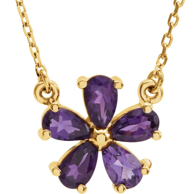 14K Gold Pear Natural Amethyst Flower Necklace - Yellow Gold