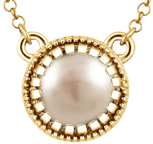 14K Gold Cultured White Freshwater Pearl Milgrain Bezel-Set Birthstone Necklace - Yellow Gold
