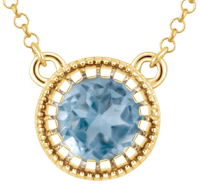 14K Gold Natural Swiss Blue Topaz Milgrain Bezel-Set Birthstone Necklace - Yellow Gold