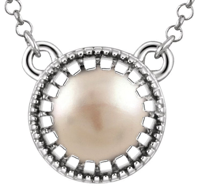 14K Gold Cultured White Freshwater Pearl Milgrain Bezel-Set Birthstone Necklace - White Gold