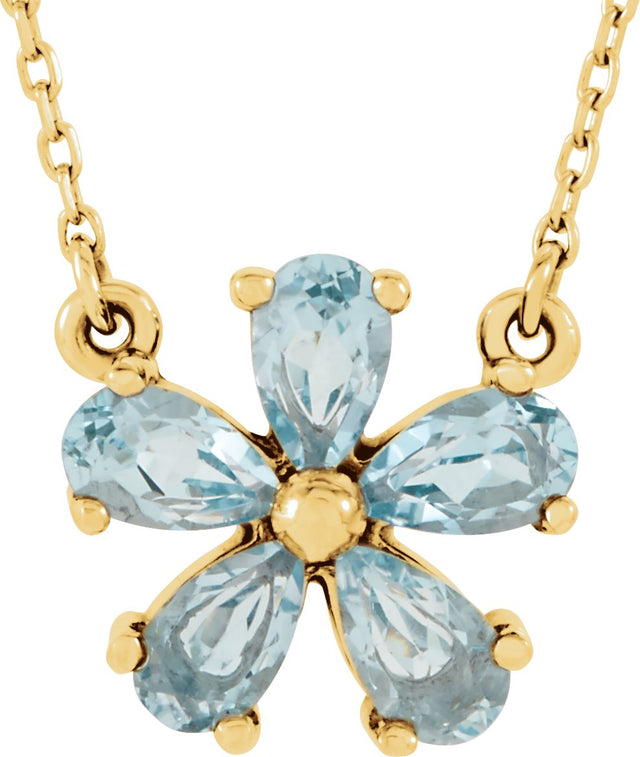 14K Gold Pear Natural Sky Blue Topaz Flower Necklace - Yellow Gold