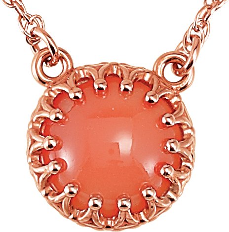 14K Gold Round Natural Pink Coral Cabochon Crown Necklace