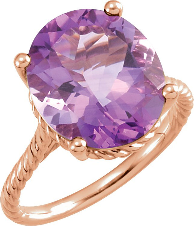 14K Gold Oval Natural Amethyst Rope Ring - Rose Gold