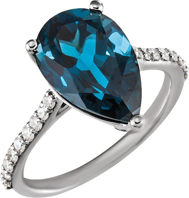 14K Gold Pear Natural London Blue Topaz & Natural Diamond Accented Ring - White Gold