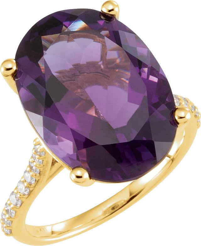 14K Gold Oval Natural Amethyst & Natural Diamond Accented Ring – 18x13mm - Yellow Gold