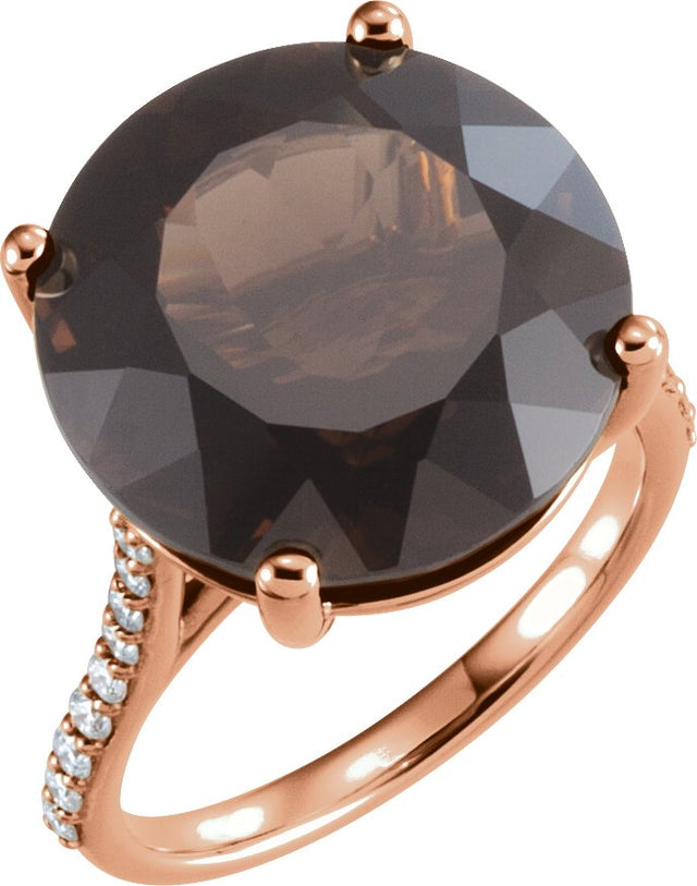 14K Gold Round Natural Smoky Quartz & Natural Diamond Accented Ring - Rose Gold