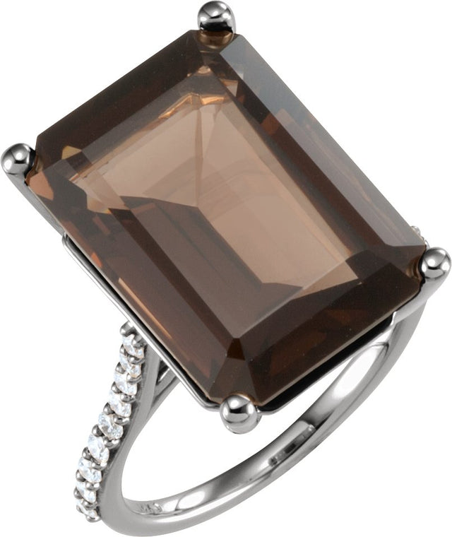 14K Gold Emerald Natural Smoky Quartz & Natural Diamond Accented Ring - White Gold