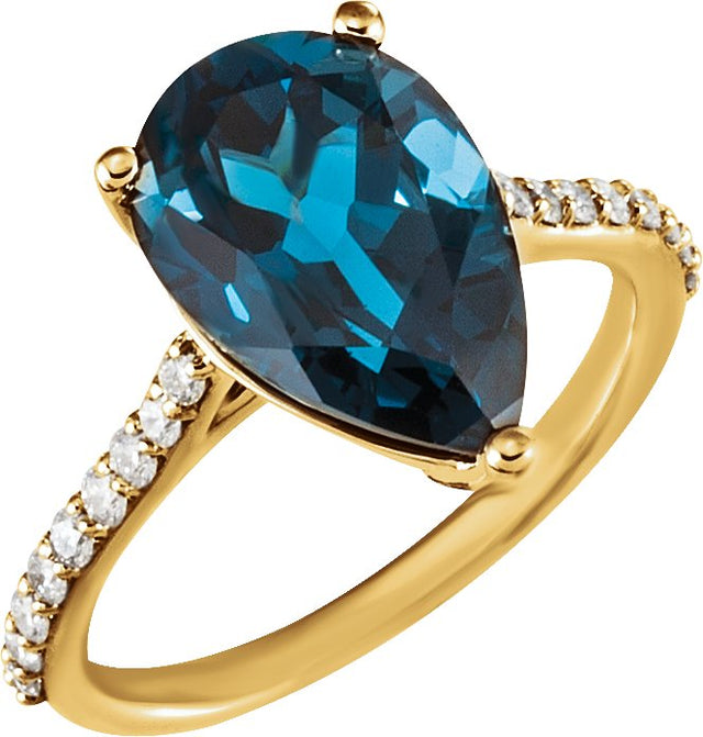 14K Gold Pear Natural London Blue Topaz & Natural Diamond Accented Ring - Yellow Gold