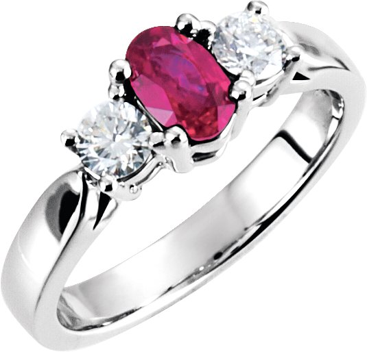 14K Gold Oval Natural Ruby & Natural Diamond Three-Stone Ring