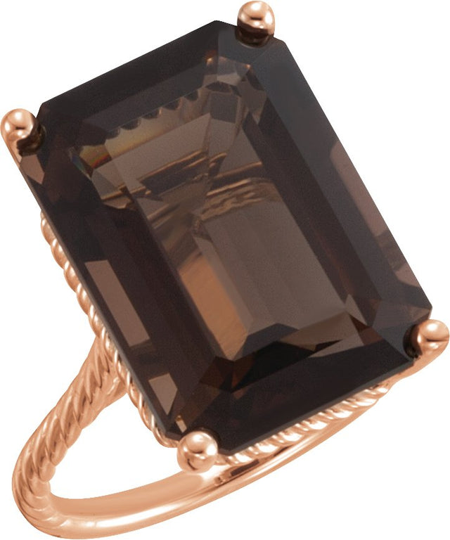 14K Gold Emerald Natural Smoky Quartz Solitaire Ring - Rose Gold
