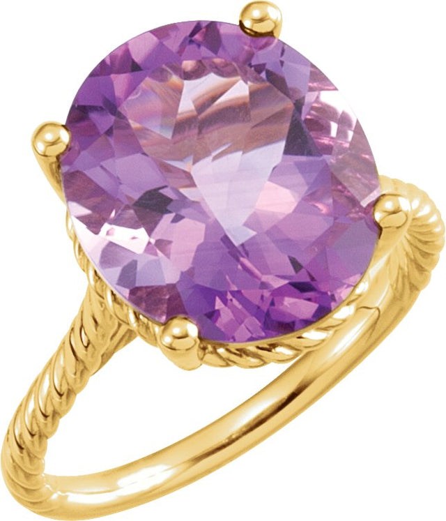 14K Gold Oval Natural Amethyst Rope Ring - Yellow Gold