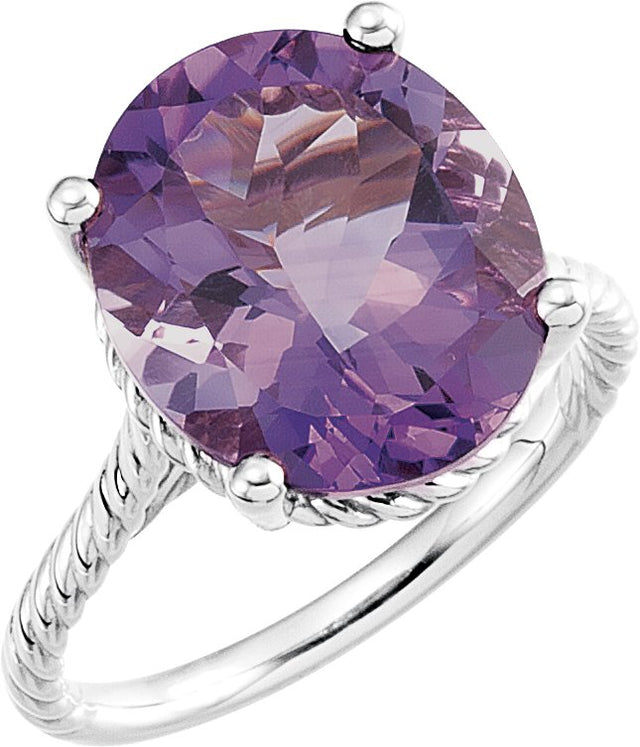 14K Gold Oval Natural Amethyst Rope Ring - White Gold