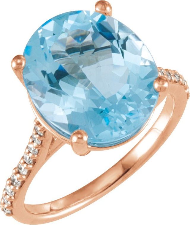 14K Gold Oval Natural Sky Blue Topaz & Natural Diamond Accented Ring - Rose Gold