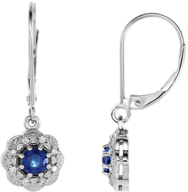 14K Gold Round Natural Blue Sapphire & Natural Diamond Vintage-Inspired Earrings – 4.1mm Stones