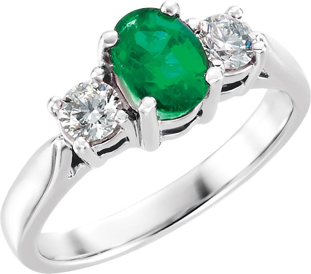 Platinum Oval Natural Emerald & Natural Diamond Three-Stone Ring