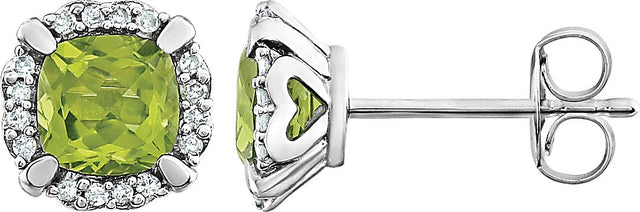 14K Gold Natural Peridot & Natural Diamond Cushion 4-Prong Halo-Style Birthstone Earrings