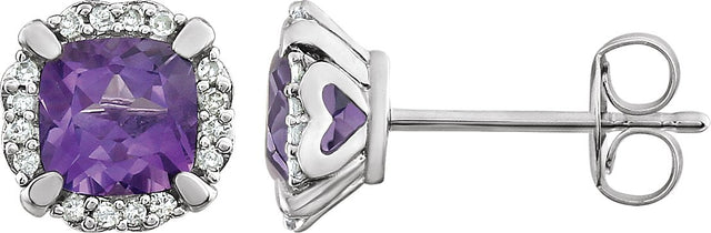 14K Gold Natural Amethyst & Natural Diamond Cushion 4-Prong Halo-Style Birthstone Earrings – 5x5mm
